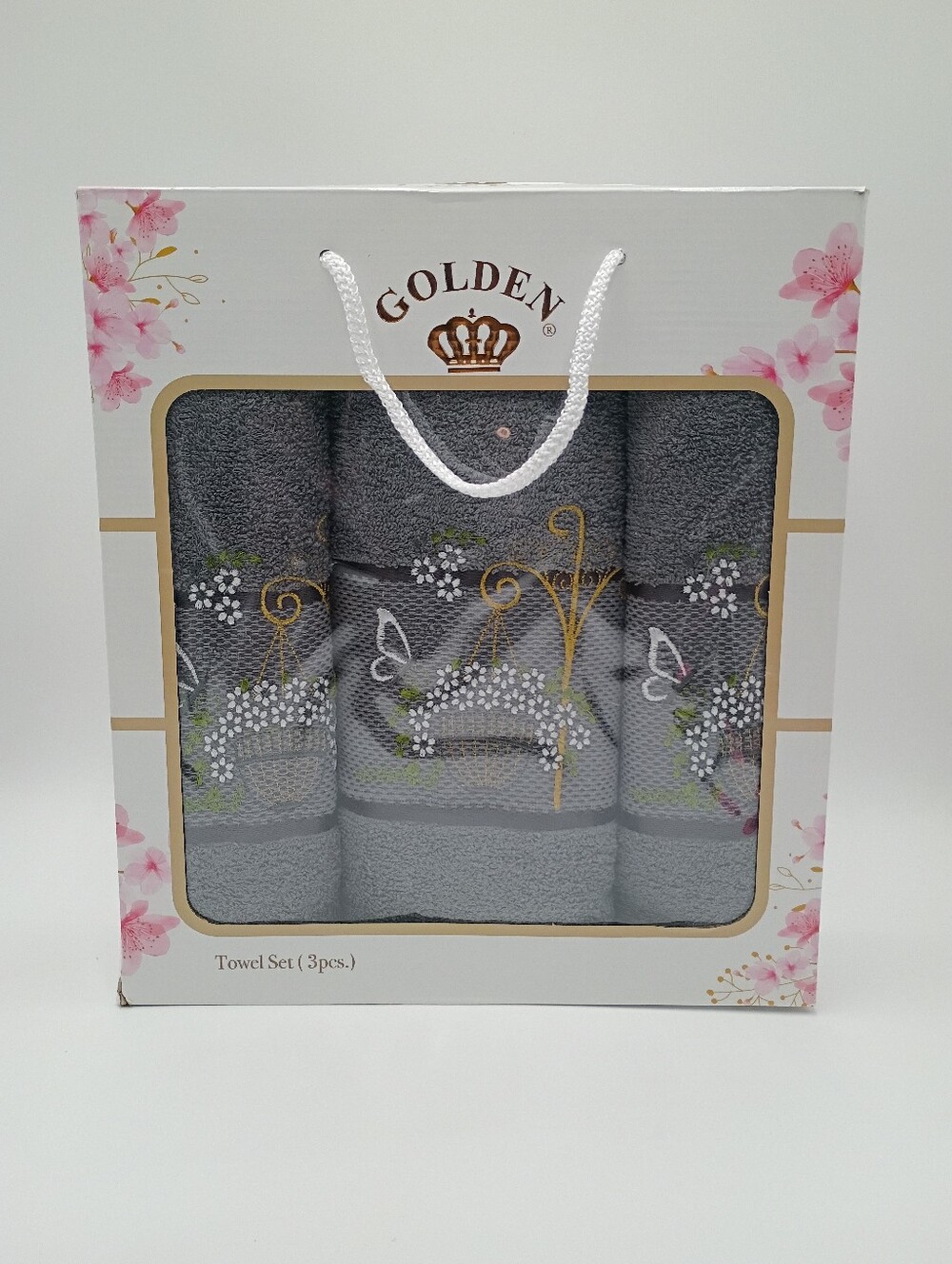 Golden Embroidered Three-piece Bathroom Towel Set. Gray